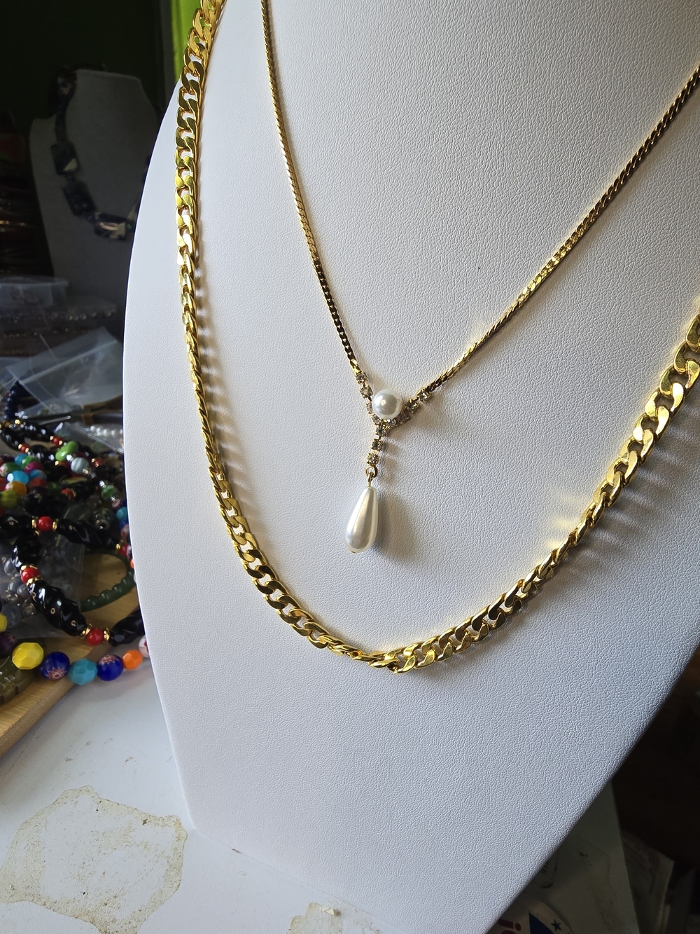 Gold Pearl Drop Layered Necklace - Women Jewelry